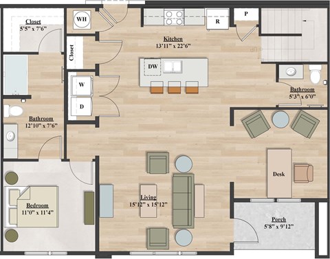 Floor plan for 2 beds, 2.5 baths, 1314 sqft